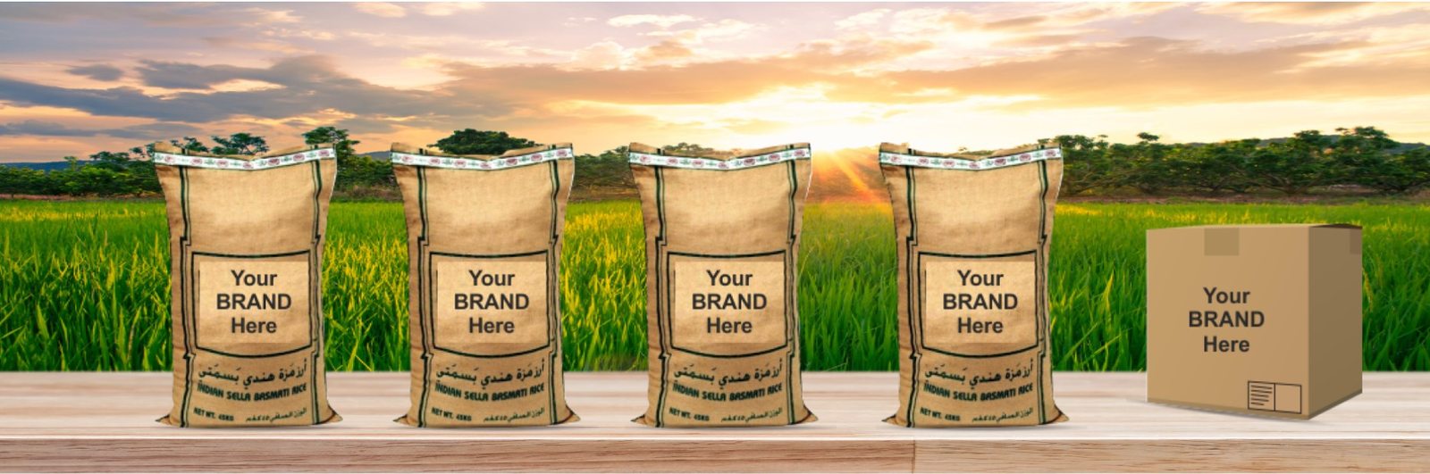 Jute rice bags carrying a placeholder customer brand, standing in a paddy field at sunrise